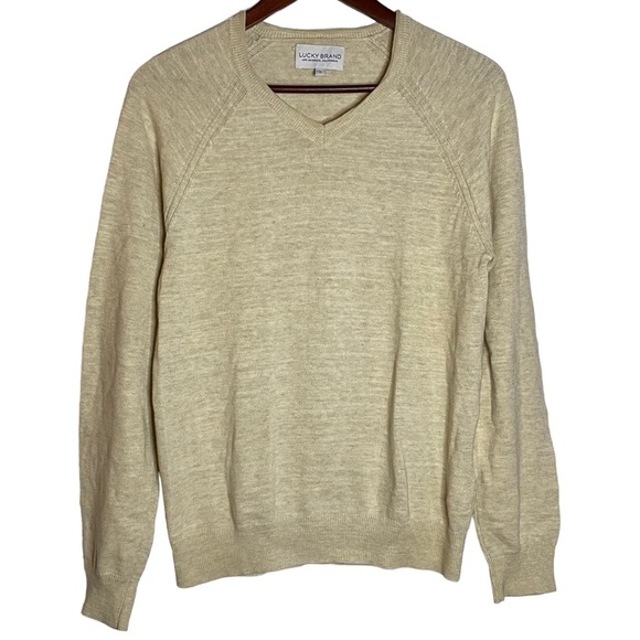 Lucky Brand Long Sleeve V Neck Cream Sweater Raglan Knit Ribbed Henley Small S - Picture 1 of 16